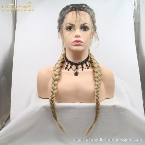 Long straight ombre black blonde cheap wholesale high quailty heat resistant synthetic jumbo braided wig with lace front